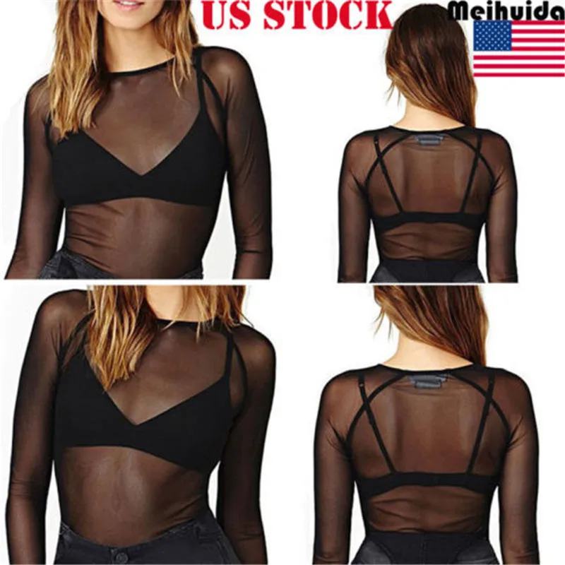 Для женщин полые сетки футболка из через Sheer Mesh Tee Клубная одежда с длинным