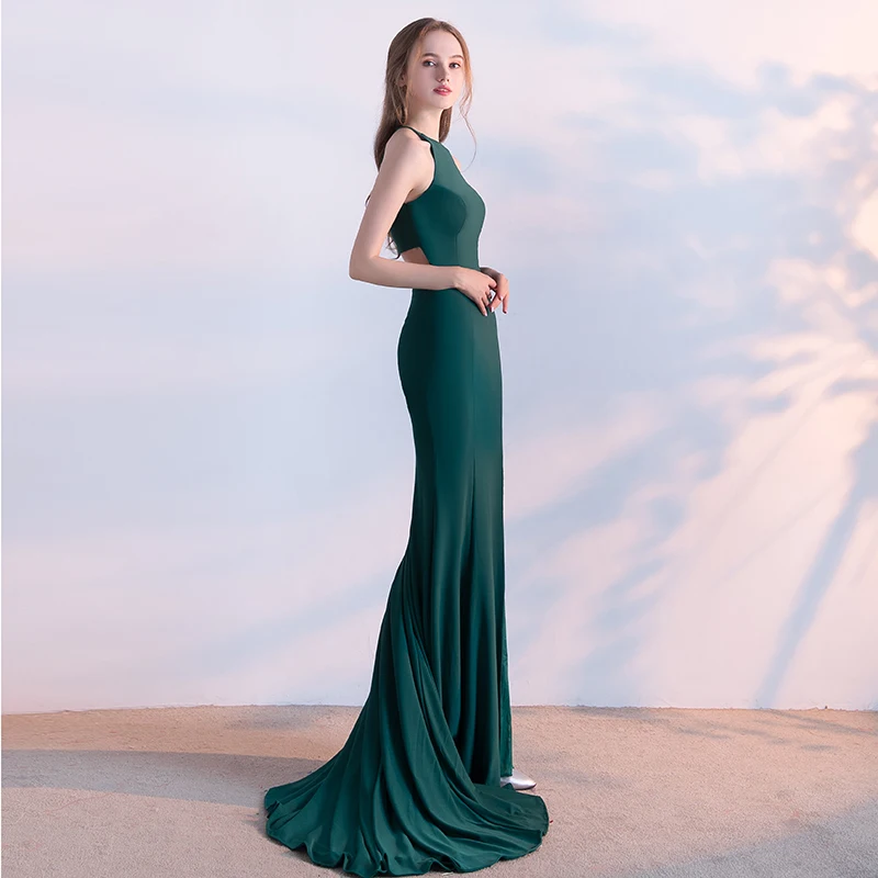 Темно-зеленое вечернее платье 2019 сексуальное годе с лямкой на шее без рукавов