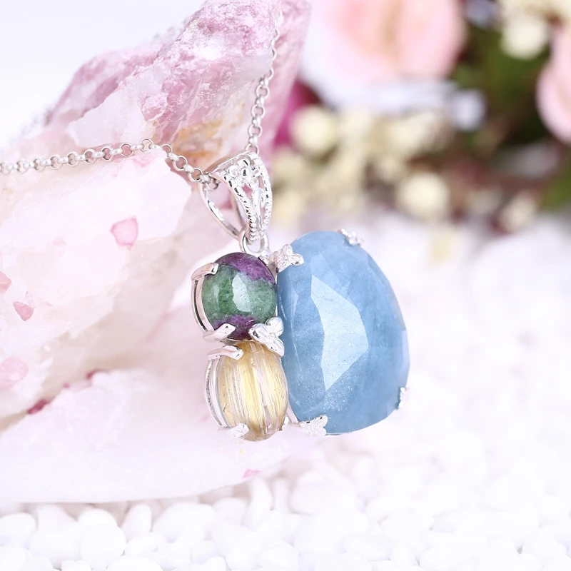

Three kinds Natural Stone Combination Sterling 925 Silver Lucky Sweater chain Short