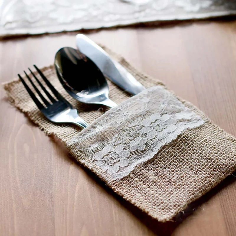 30PC DIY Rustic Vintage Wedding Lace Tableware Pouch Fork Knife Holder Pocket Jute Burlap Party Table Decoration 4&quotx8&quot | Дом и сад