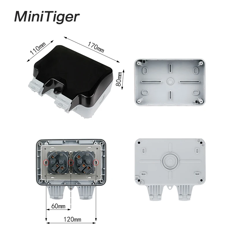 Minitiger IP66 Водонепроницаемая наружная настенная розетка с защитой от атмосферных