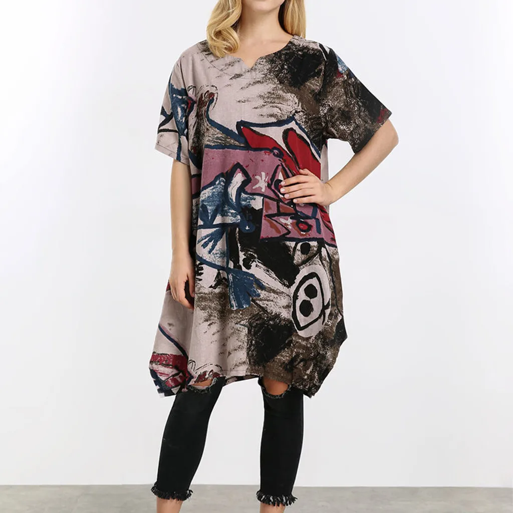 Женское хлопковое льняное платье с принтом v образным вырезом коротким рукавом