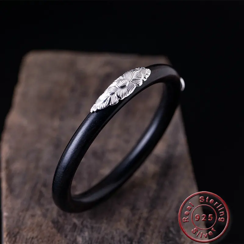 Amxiu Vintage 925 Sterling Silver Bangle Natural Black Ebony Bangles Handmade Bracelets For Women Men Gift Accessories | Украшения и