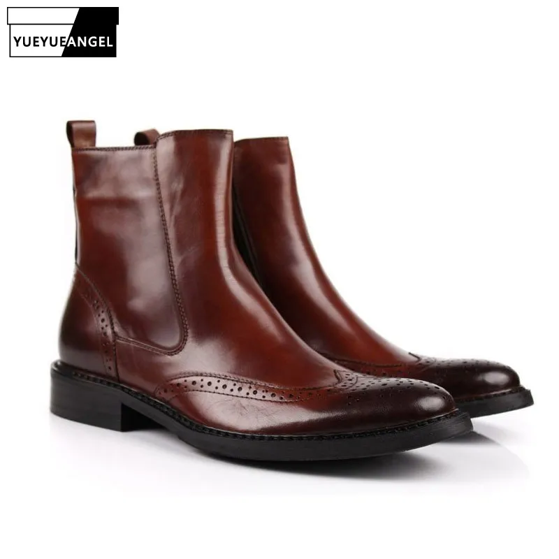 Мужские Винтажные ботинки из натуральной кожи с перфорацией в стиле панк|footwear
