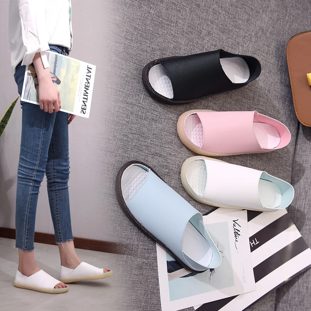 Женские туфли из мягкой кожи на плоской подошве с открытым носком|Обувь без