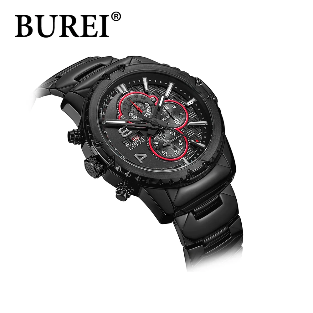 Burei черный нержавеющей стали водонепроницаемые мужские спортивные часы малый