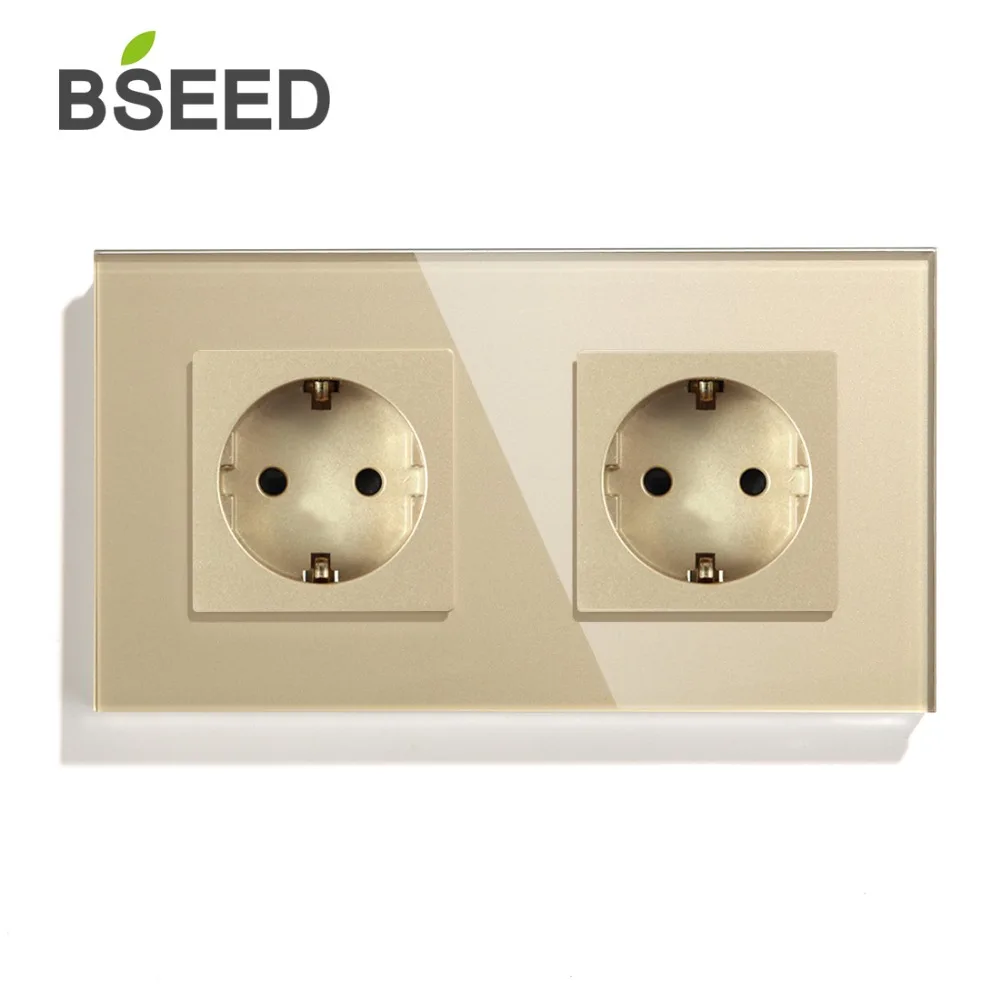 BSEED двойная розетка настенная розетка стандарта ЕС белого и черного цвета с золотыми с украшением в виде кристаллов Стекло Панель 157 мм 16A 110 V-250 V
