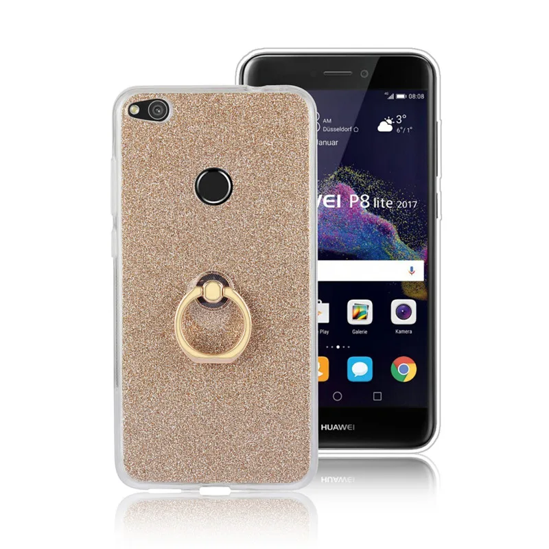 Huawei P8 Lite 2017 Case Shiny Glitter Bling Silicon Phone Cover Soft Finger Ring Bracket Back |