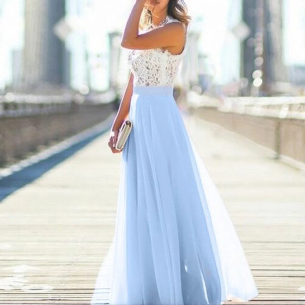 YANDW Lavender Ball Gown Summer Dresses Women Beautiful Lace Chiffon Patchwork Elegant Casual Sleeveless Floor Length Empire | Женская