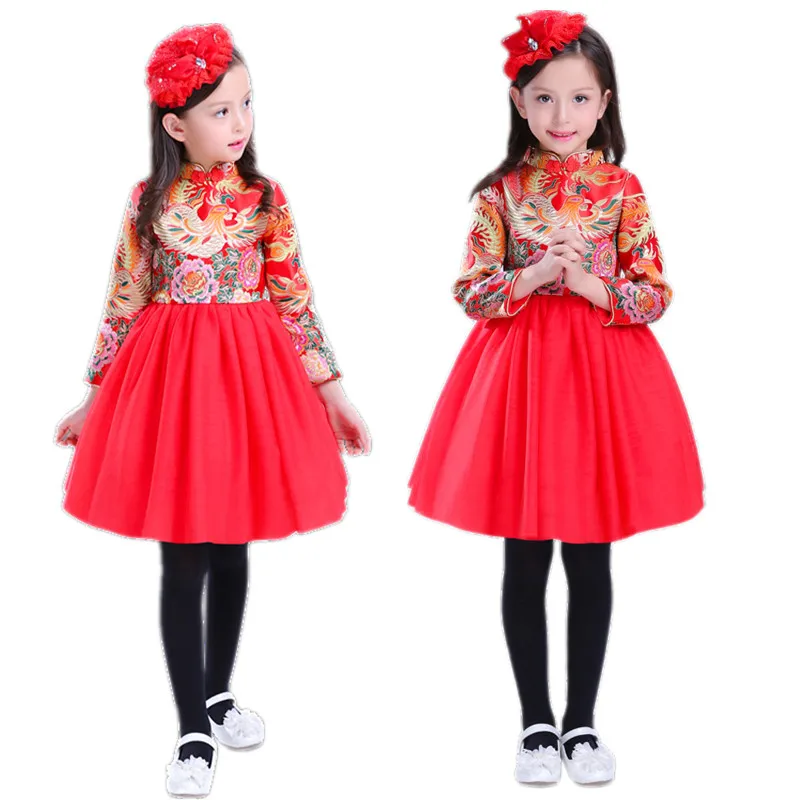 Детская зимняя Обувь для девочек платье с длинным рукавом Cheongsam новогоднее