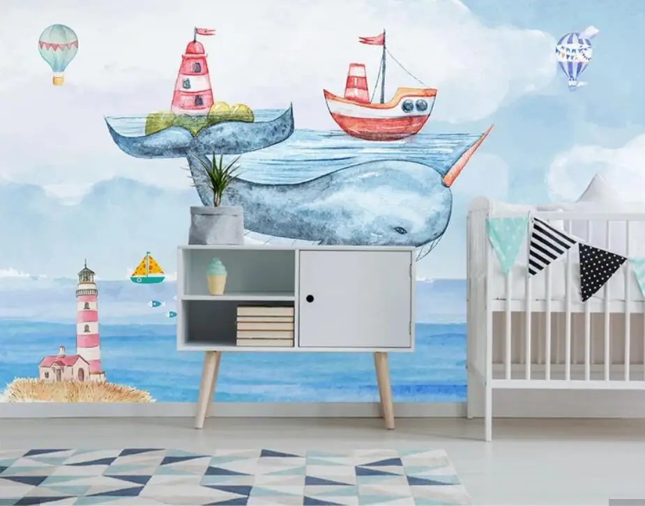 Ручная роспись китов лодка настенная бумага для детской спальни настенный Декор