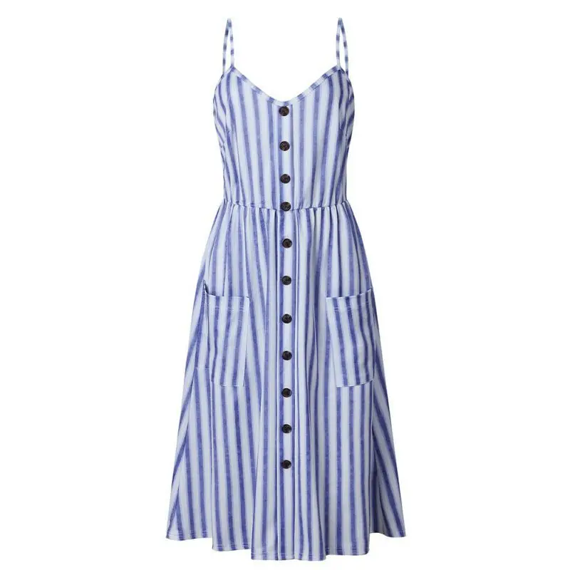 

Sexy Casual Summer Striped Button Dress Long Boho Beach Pockets Women Sundress Vestidos