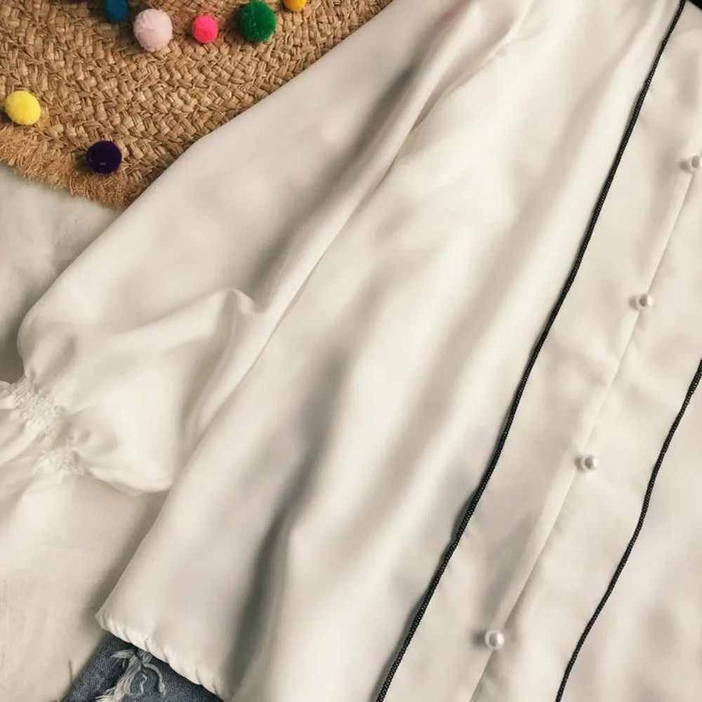 

Nice Autumn Cute Nice Preppy Style Office Lady White Women Blouses Loose Bead Girls Elegant Travel Holiday School Shirts