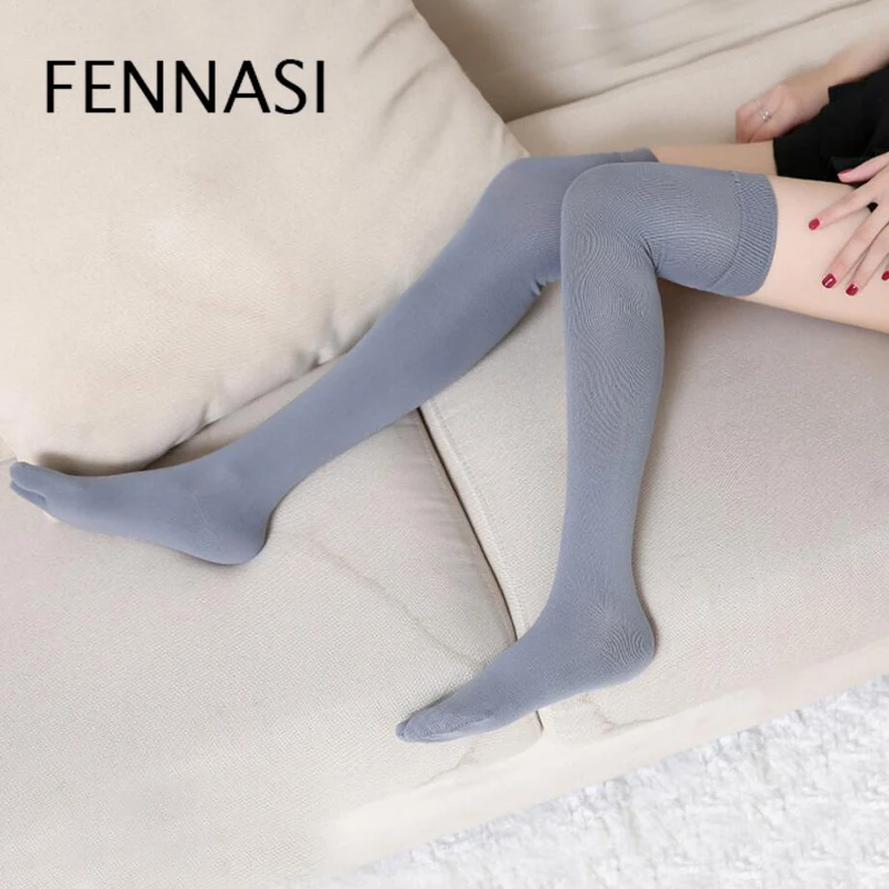 

FENNASI Two-finger Points Over Knee Stockings Black White Thigh High Stockings Female Knee High Socks Women Nylon Long Socks