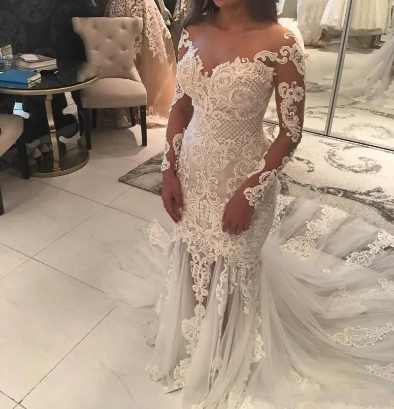 New Mermaid Wedding Dresses Sheer Neckline Lace Appliques Beaded Illusion Long Sleeve See Through Tulle Train Bridal Gowns | Свадьбы и