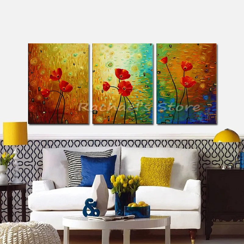 Ручная роспись холст 3 штуки Мак картина маслом на стену современная с цветами