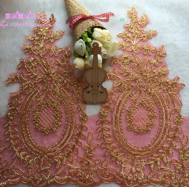 Кружевная аппликация для свадебного платья Изящная кружевная с золотой нитью и