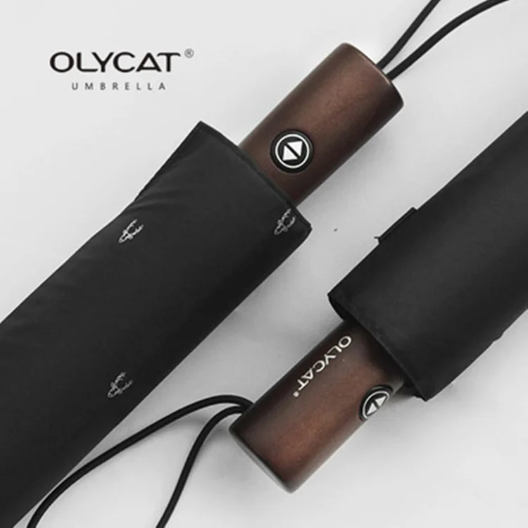 Автоматический мужской зонт OLYCAT, три сложения, с деревянной ручкой, черное покрытие, защита от солнца, складные зонты, 10 K, ветрозащитный, настоящий бренд