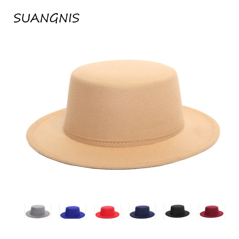 

2019 Autumn Winter Mens Hats Fedoras Vintage Women Girls Felt Fedoras Flat Top Jazz Hat European American Round Caps Bowler Hats