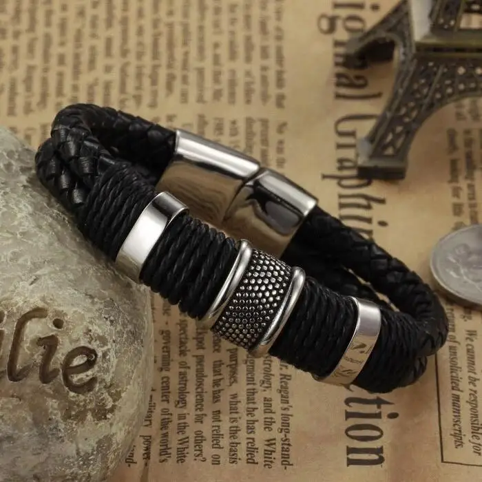 Мужской плетеный кожаный браслет черный из титановой нержавеющей стали