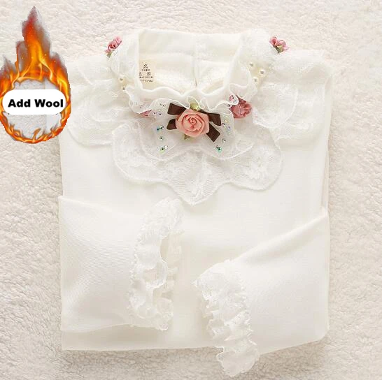 White Add Wool Осенняя детская футболка для девочек с длинными рукавами из хлопка; сезон зима; коллекция года; теплые топы с цветочным принтом; детская одежда с добавлением шерсти; футболки; блузки для подростков - Цвет: White Add Wool
