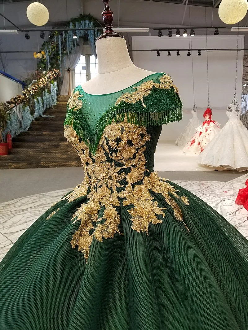 Темно зеленые свадебные платья 2018 Элегантные Формальные из золотого тюля на