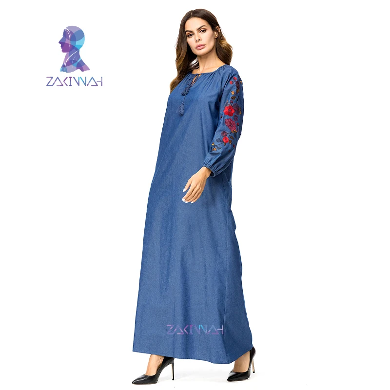 7307 длинные женские платья с вышивкой Abayas синее Макси мусульманское джинсовое