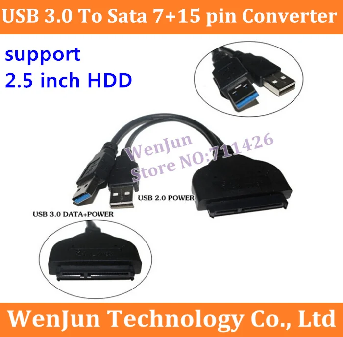 

Hot Sale USB 3.0 To Sata 7+15 pin Converter Adapter HDD Cable with power for 2.5" HHD usb to hard drive disk 20cm