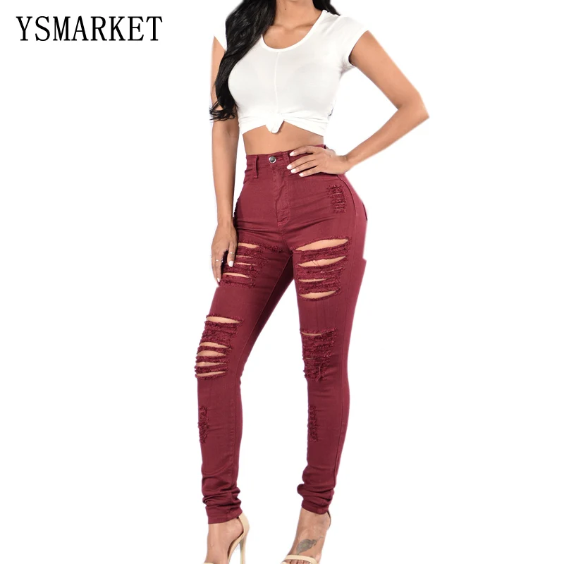 Узкие джинсы с высокой талией женщина рваные для женщин джинсовые брюки карандаш