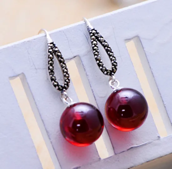 

s925 sterling silver jewelry wholesale retro ball Garnet Heart Marcasite earrings Ms. shipping