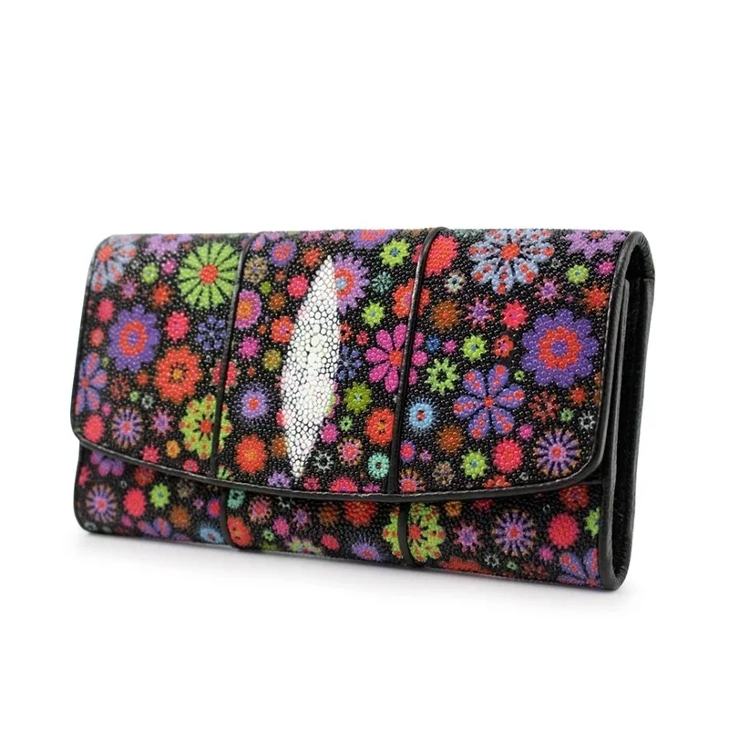 Женский кошелек настоящая кожа ската длинный с цветочным узором|designer purse|fashion