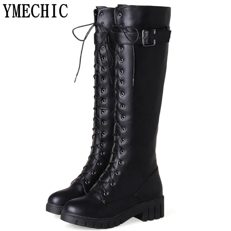 Женские мотоциклетные сапоги YMECHIC черные высокие до колена с пряжкой шнуровкой и