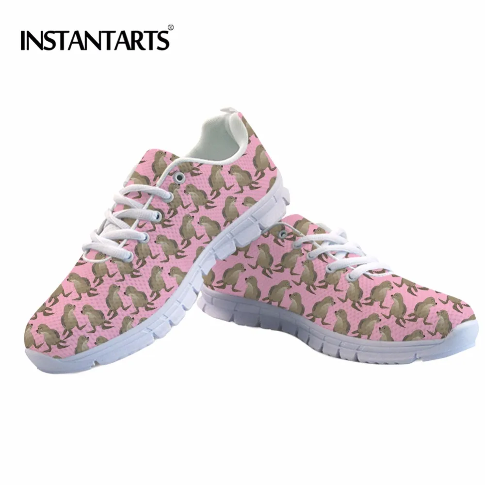 

INSTANTARTS Fashion Women's Flats Pink Air Mesh Flat Shoes Woman Cute Seal Pattern Sneakers Breathable Light Walking Tenis Shoes