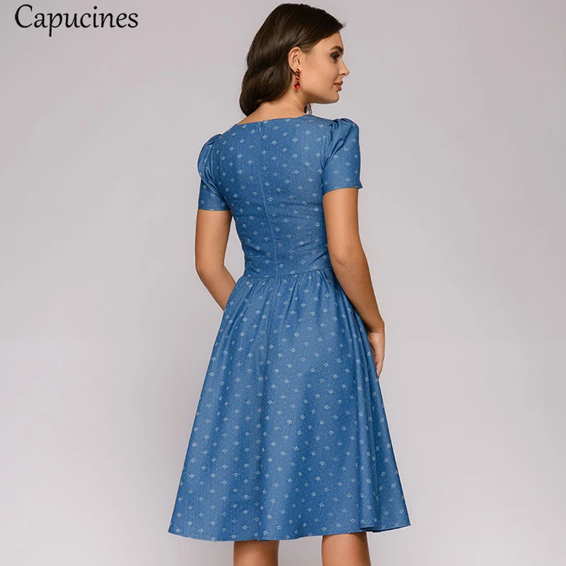 Vintage Square Collar Print Dress Women Summer Puff Sleeve Slim A-Line Elegant Party Dresses Casual Short Sleeves Female Vestido
