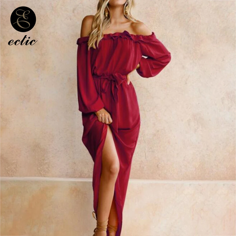 Off Shoulder Ruched Thigh Slit Dress Sukienka Plain Maxi Long Sleeve Women Robe Femme Ete 2021 Back Short Front | Женская одежда