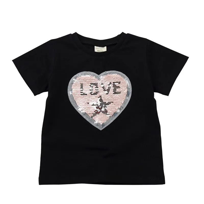 Love 01 VOGUEON/Летняя футболка с единорогом для мальчиков; детская Двусторонняя Футболка с волшебными блестками; детская повседневная одежда с изображением динозавра для девочек; топы; От 2 до 8 лет - Цвет: Love 01