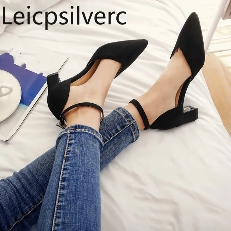 Туфли лодочки женские с острым носком заостренный носок пряжка толстый каблук