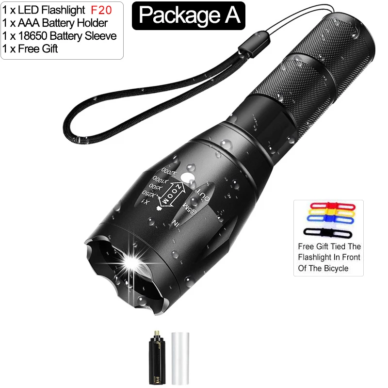 Package A 5000 люмен фонарик лампа супер мощный linterna led zaklamp Zoom СВЕТОДИОДНЫЙ Фонарь xhp50 V6 18650 батарея лучший кемпинг, открытый - Испускаемый цвет: Package A
