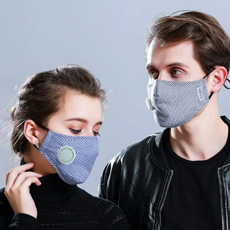 Анти-пыль хлопок PM2.5 лицо рот маска ретро плед Печать регулируемый ушной петля Респиратор с углеродным воздушным фильтром выпускной клапан