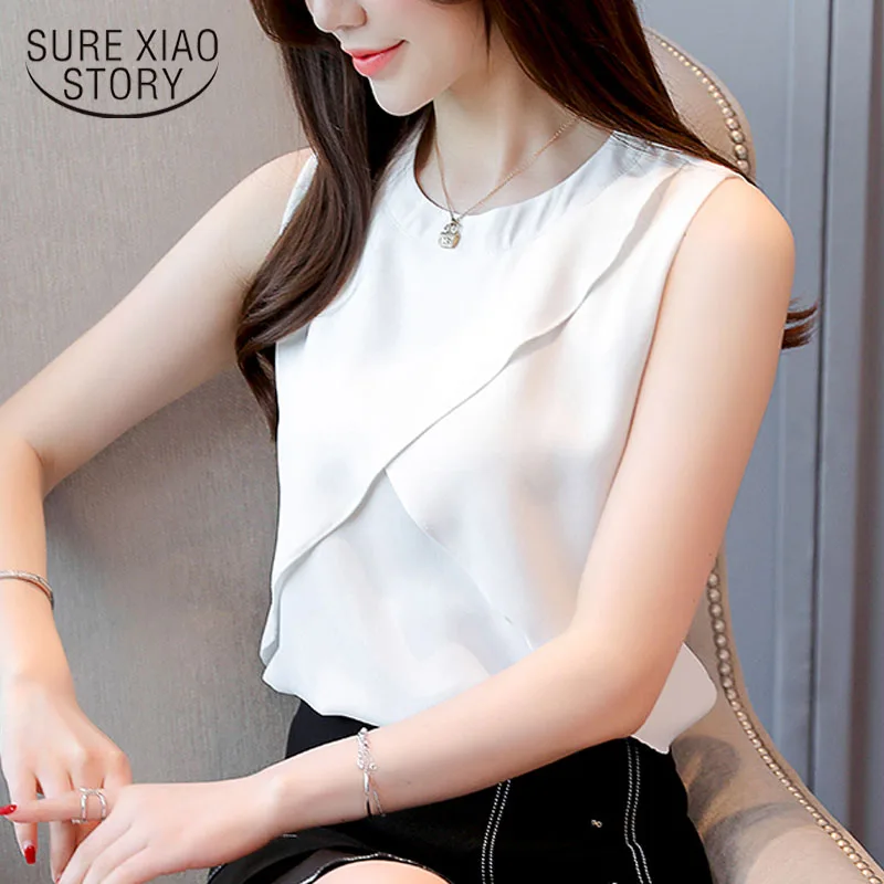 

Fashion women and tops 2021 white blouse shirts harajuku ladies tops off shoulder top Sleeveless chiffon blouse Solid 3635 50