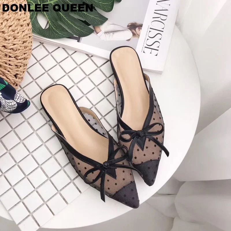 Женские шлепанцы на плоской подошве DONLEE QUEEN кружевные с острым носком в горошек