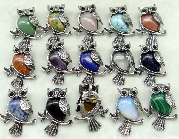 

Vintage Natural stone mix tiger eye Opal lapis crystal animal Owl Archaize silver brooch Pendant Jewelry making 10pcs F2