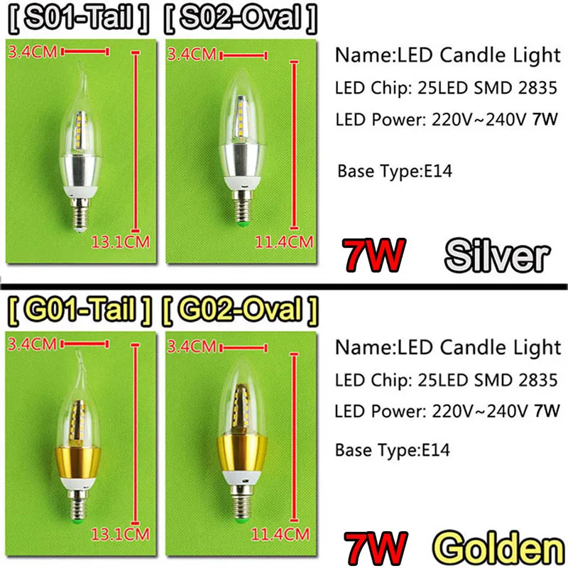 Алюминий велаш Lampara светодиодный E14 лампы в форме свечи 7w 9w светильник 220V золотого