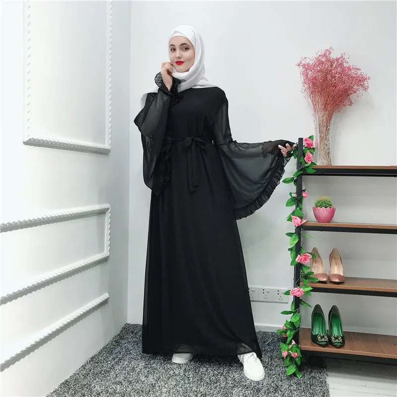 Мусульманская абайя с роговыми рукавами длинное платье воротником
