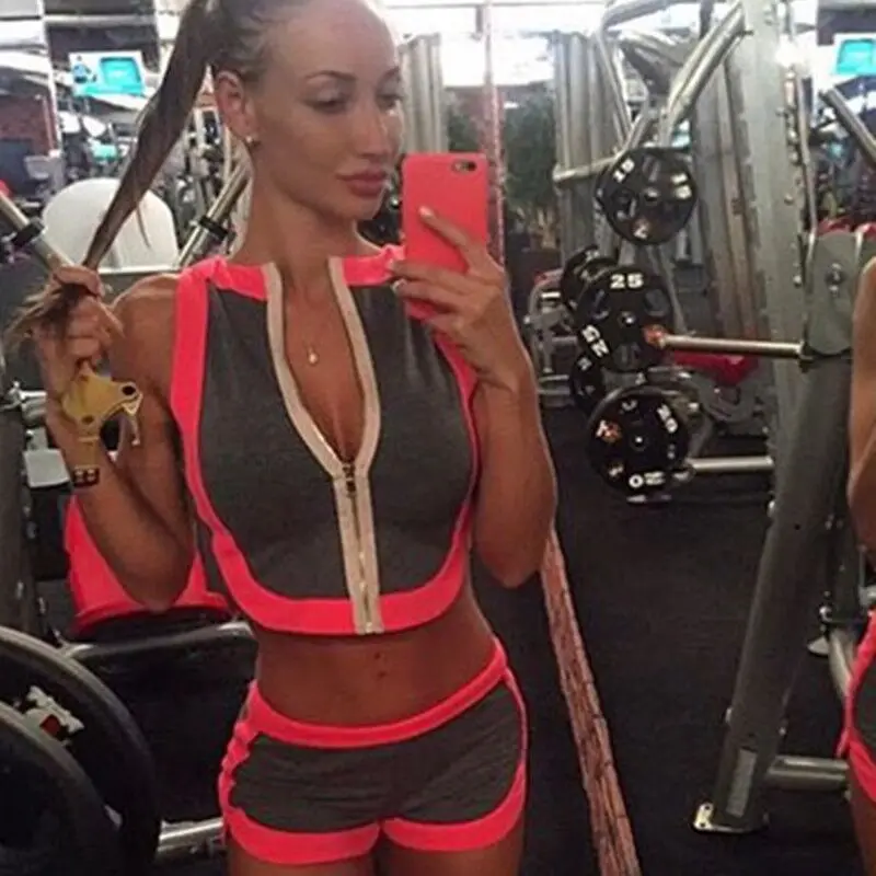 Пикантные кармашек на молнии короткий рукав Безрукавки для женщин Шорты Костюм