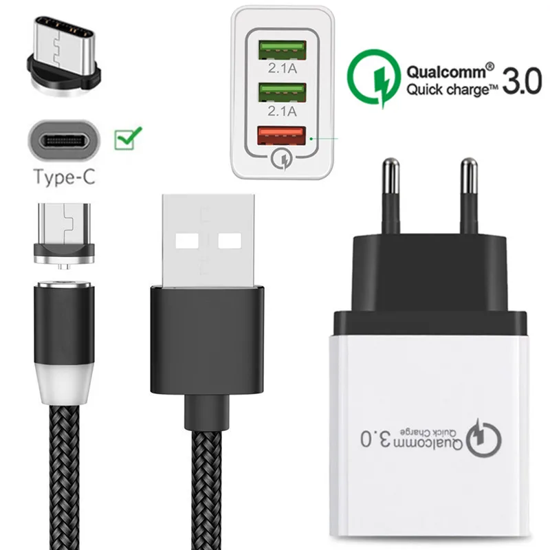 EU charger and cable Магнитный usb-кабель для samsung Galaxy A20E A50 S8 Note 10 9 huawei mate 20 Pro P30 lite type C Магнитная Зарядка QC 3,0 быстрое зарядное устройство - Тип штекера: EU charger and cable