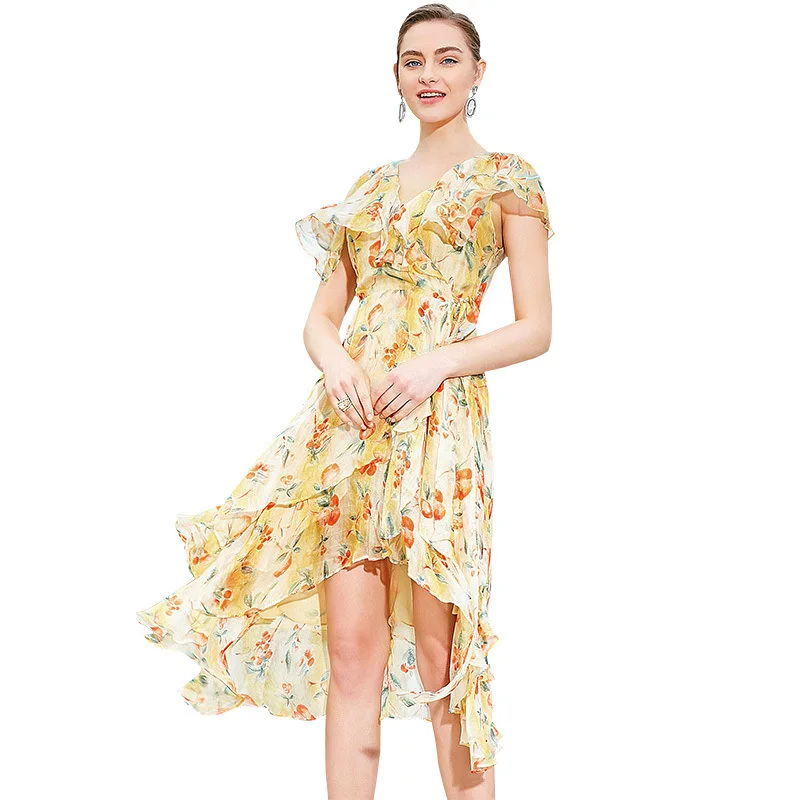 KAMIYING 100% Summer Silk Dress 2019 New V-collar Short-sleeve Chiffon Tie Slim Stitching Lotus Edge Printed | Женская одежда