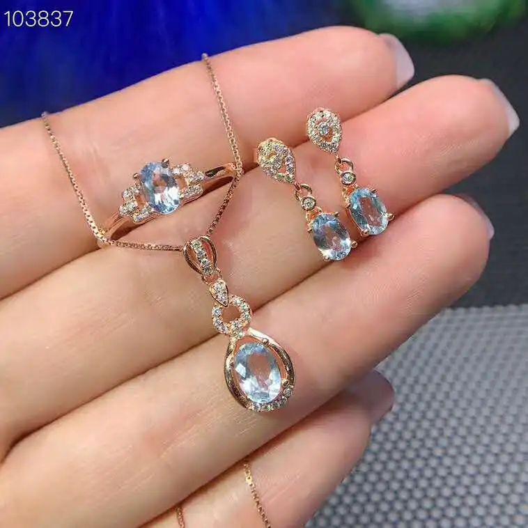 Видео! Женский ювелирный комплект из серебра 925 пробы с аквамарином 5 х7