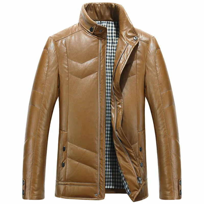 -40 градусов новый Утка Вниз PU Кожаная Куртка Мужчины Черный Коричневый Цвет