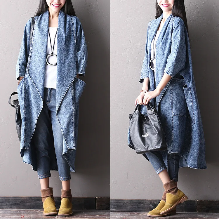 Весна Осень Женщины с рукавом летучая мышь хлопковое джинсовое пальто большим